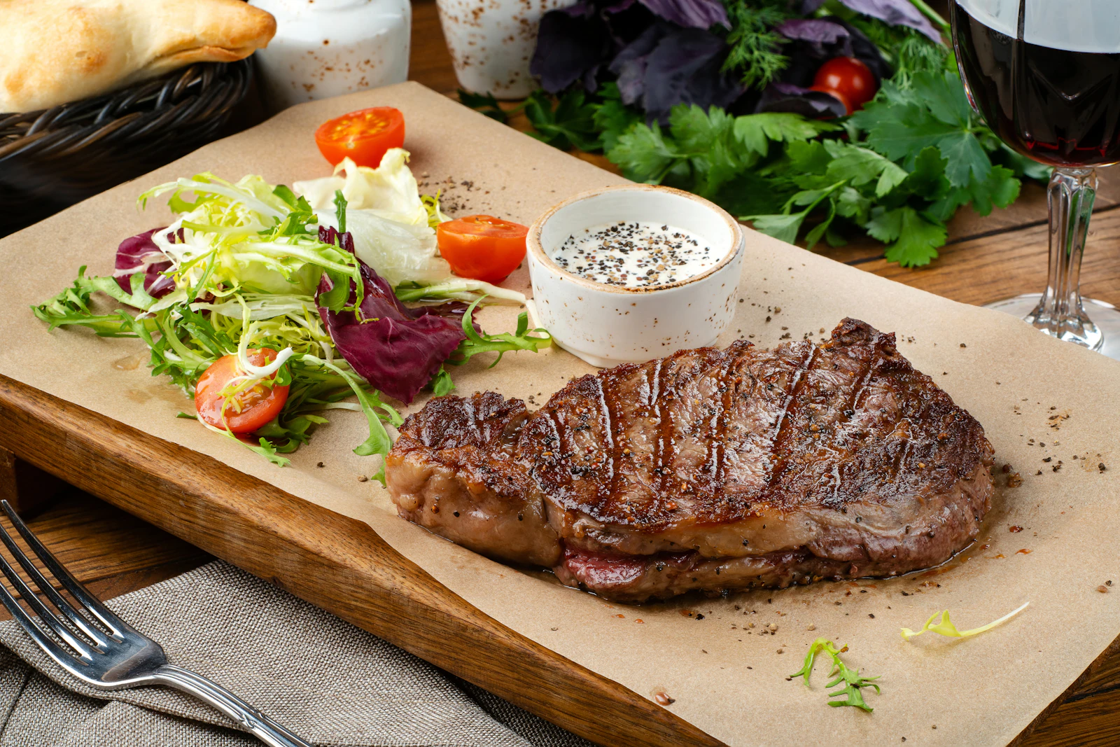 A steak with a side of salad and a glass of wine