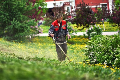 A man is trimming grass with a string trimmer in a lush garden full of green vegetation and yellow flowers. He wears a dark jacket with red accents and is surrounded by blooming trees and bushes, with a red building in the background.