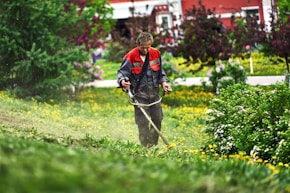 a man is mowing the grass in the yard