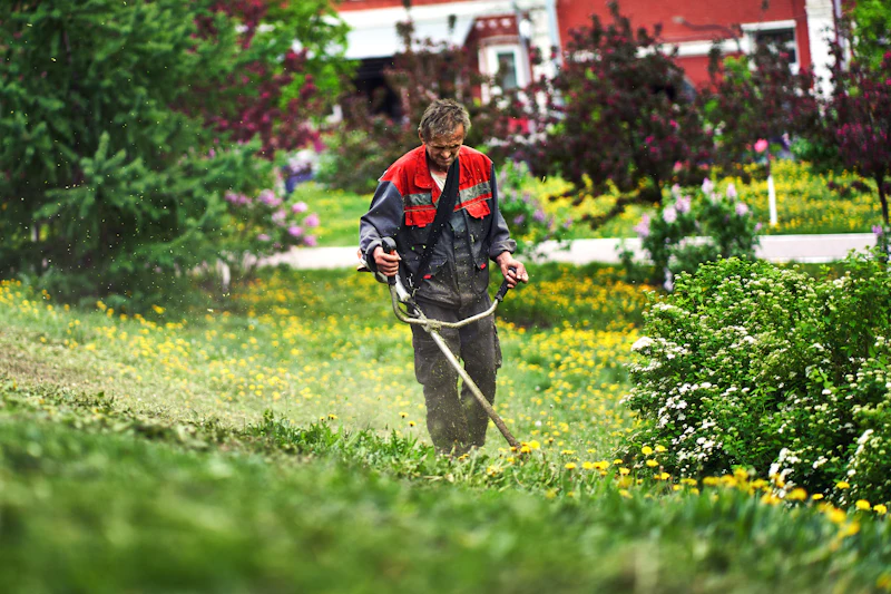 A worker mowing the grass in a residential back yard