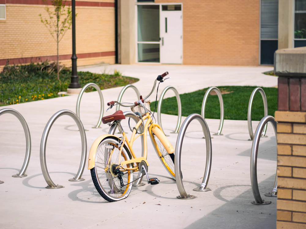 Bike wheel sitting in a horizontal bike rack