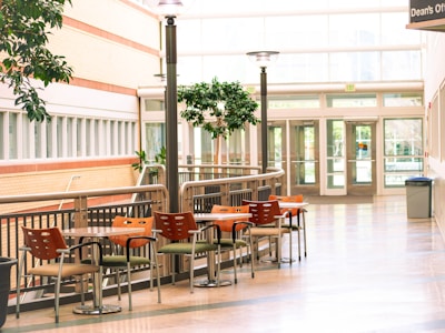 a large room with tables and chairs inside of it
