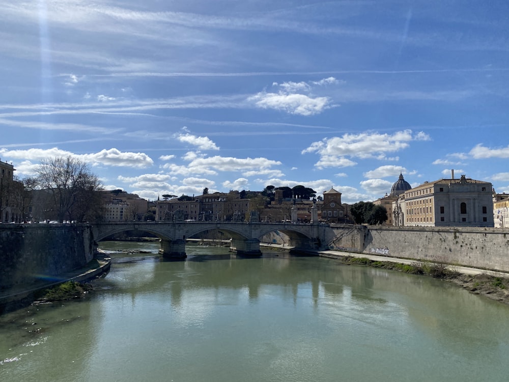 Ein Fluss, der neben einer Brücke durch eine Stadt fließt