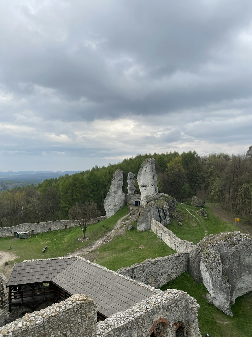 a view of a stone castle from above