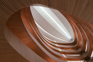 An abstract architectural interior featuring a series of curved, layered wooden slats creating an intricate, flowing pattern. The design is highlighted by soft and natural lighting, creating a sense of depth and dimension.