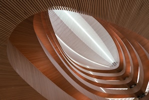 An abstract architectural interior featuring a series of curved, layered wooden slats creating an intricate, flowing pattern. The design is highlighted by soft and natural lighting, creating a sense of depth and dimension.