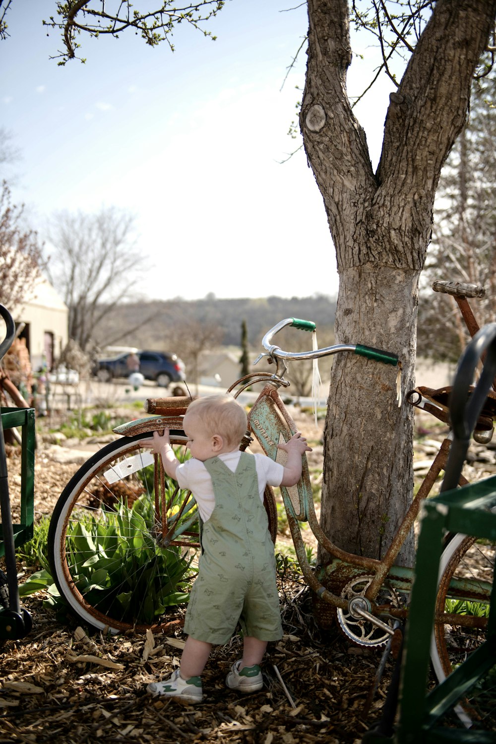a little boy standing next to a tree near a bike