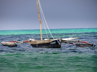 A traditional outrigger canoe floats on a multicolored ocean, with shades of blue and green blending in the water. A simple wooden mast extends upward, suggesting readiness for sailing. The sky is overcast, creating a subdued and calm atmosphere.