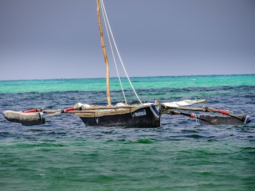 A vibrant Hawaiian outrigger canoe gliding on the ocean near a sunny beach.