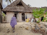 A person in traditional attire walks towards a rustic building with a thatched roof, surrounded by sand and vegetation. The entrance features artwork, including a lion painting, and the walls are constructed with natural materials.