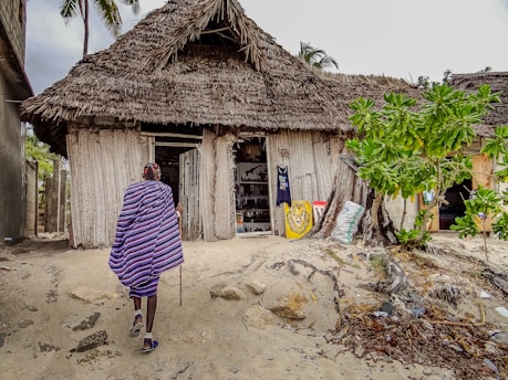 A person in traditional attire walks towards a rustic building with a thatched roof, surrounded by sand and vegetation. The entrance features artwork, including a lion painting, and the walls are constructed with natural materials.