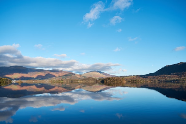 A serene lake reflecting the surrounding landscape.