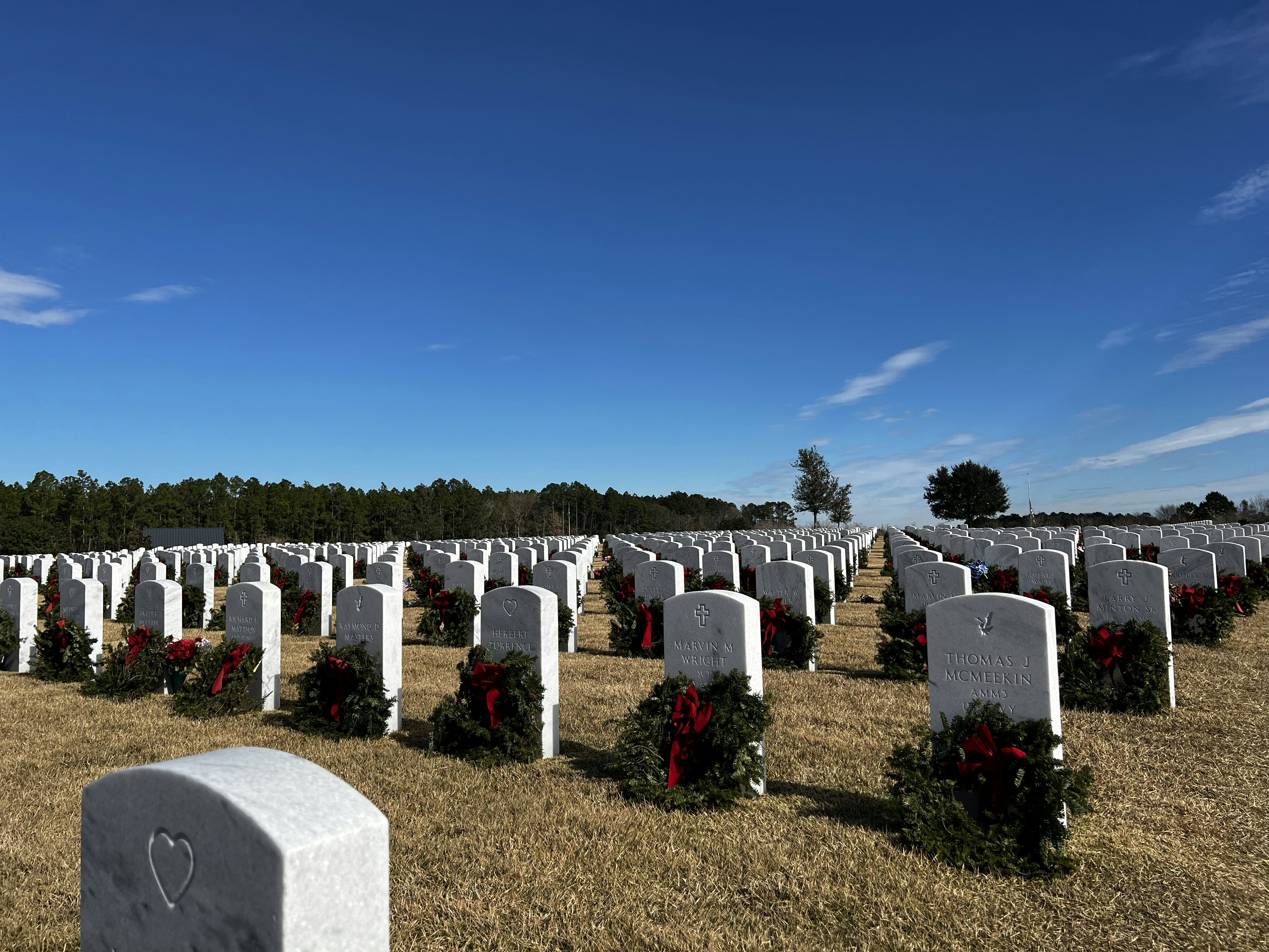 A cemetery with wreaths and wreaths on the headstones photo Free