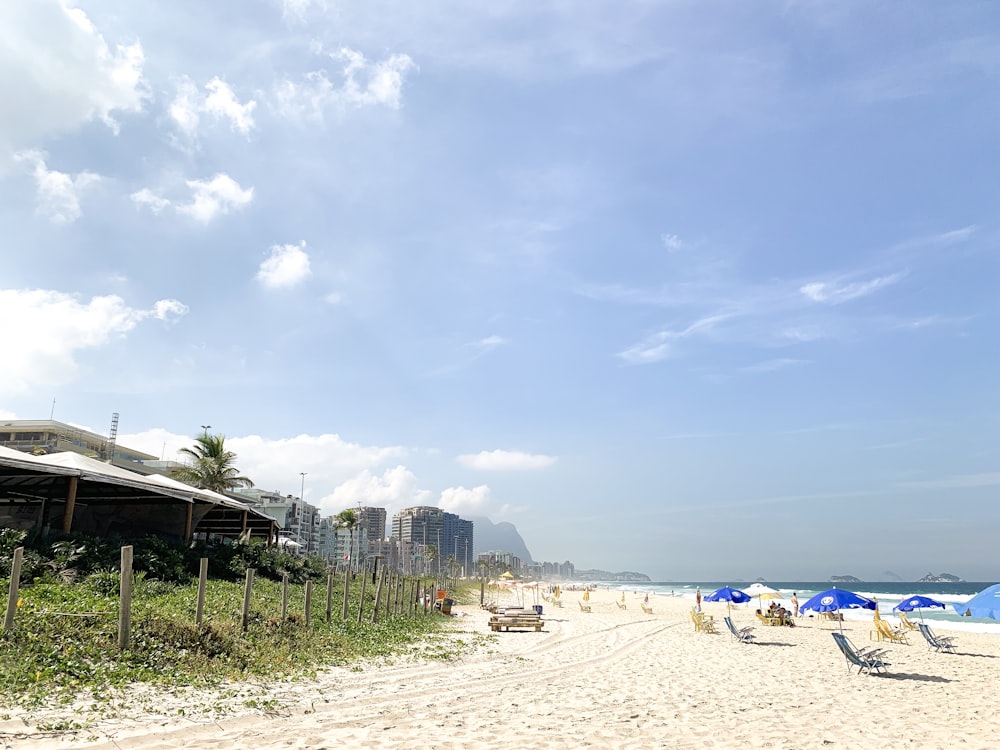 a sandy beach with chairs and umbrellas on a sunny day