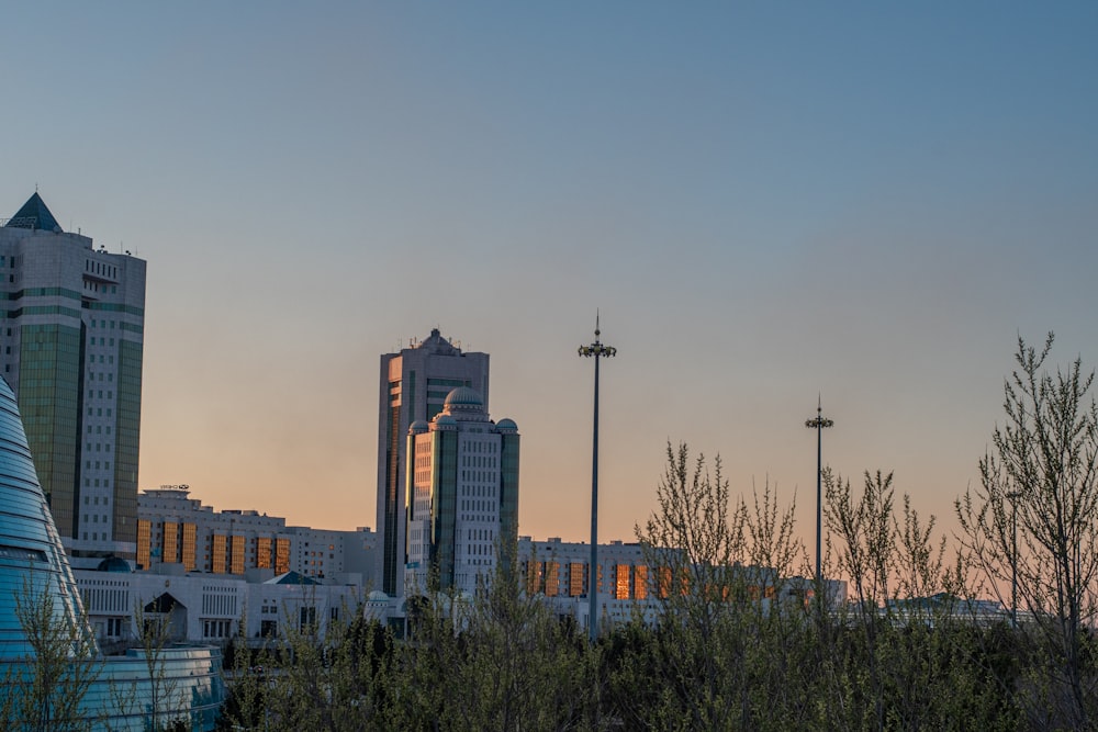 a city skyline with tall buildings in the background