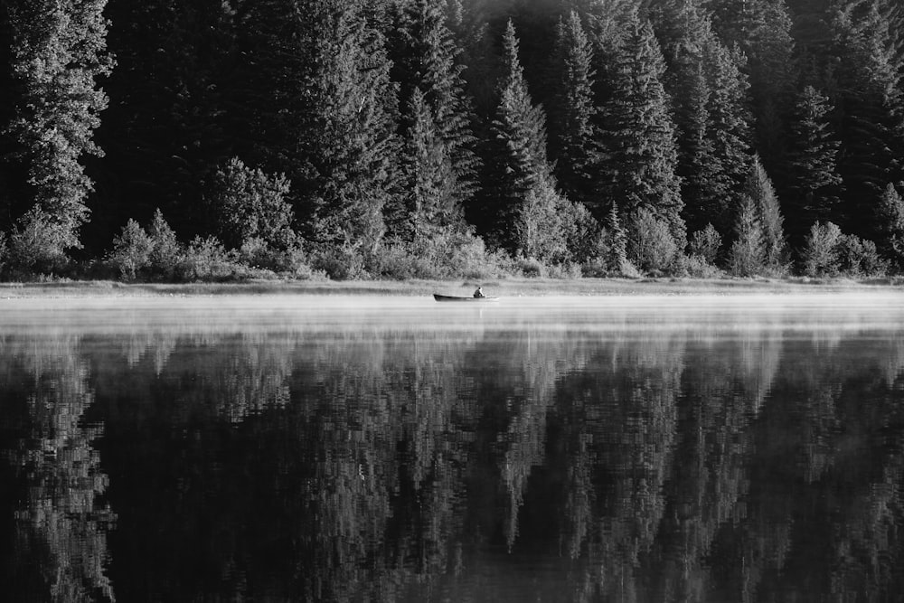 Ein Boot, das auf einem See neben einem Wald schwimmt