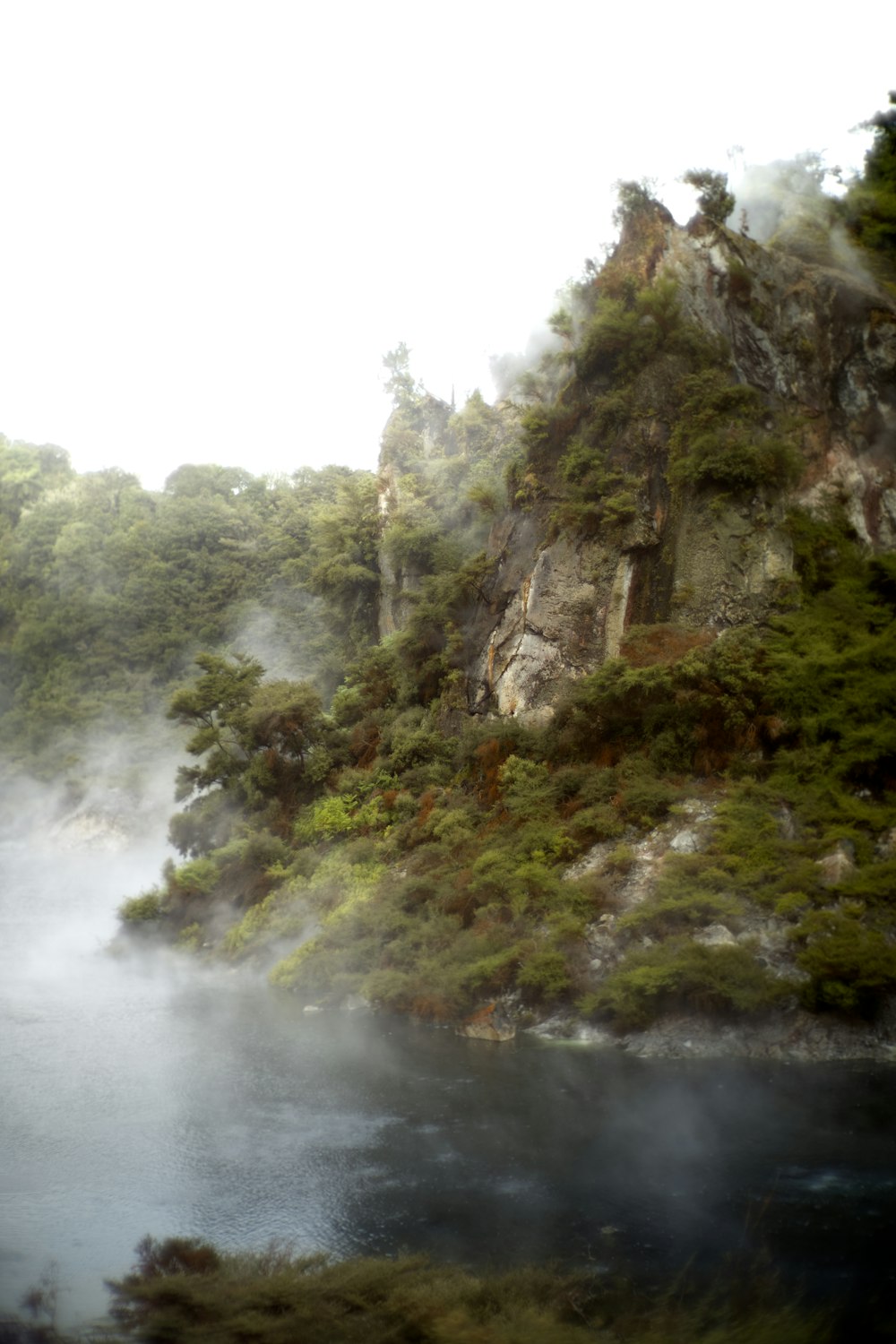 a mountain with a body of water surrounded by trees