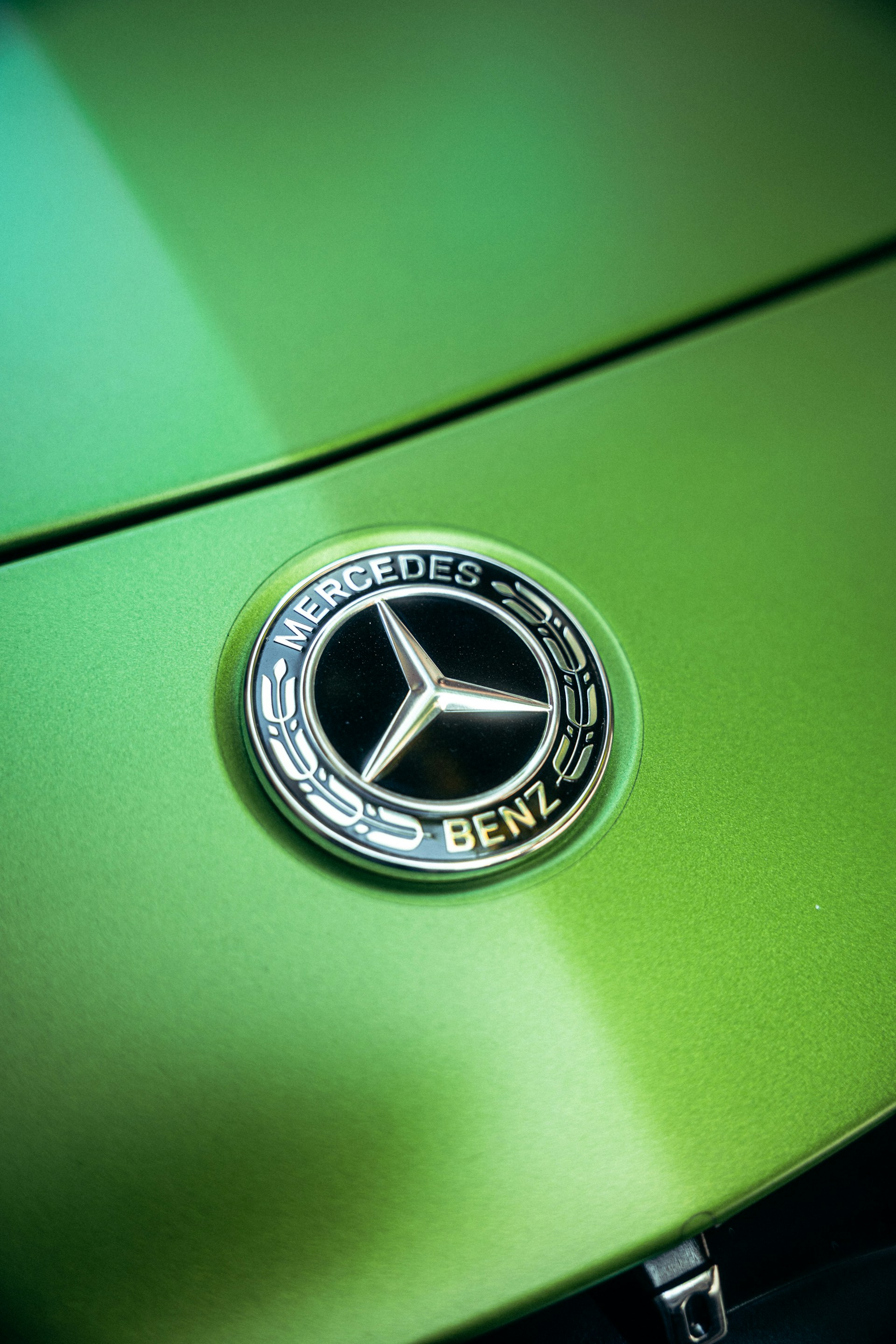 a close up of a mercedes emblem on a green car