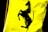 A black silhouette of a rearing horse is prominently displayed on a vibrant yellow background. The horse's mane and tail are clearly defined, and its front legs are raised. The image appears to be printed on a fabric with folds visible.