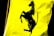 A black silhouette of a rearing horse is prominently displayed on a vibrant yellow background. The horse's mane and tail are clearly defined, and its front legs are raised. The image appears to be printed on a fabric with folds visible.