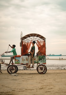 A decorated horse-drawn carriage is on a sandy beach with a young person holding the reins and several others inside the carriage. There is a red sheer curtain draped over the carriage, and the background shows the sea with ships and a few distant figures.