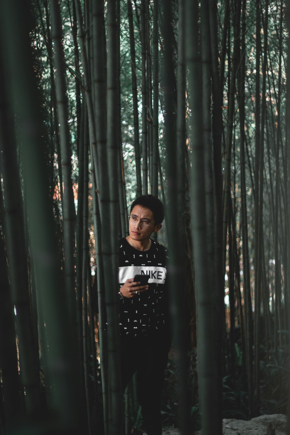 a man standing in front of a bamboo forest
