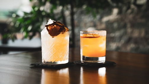 Two crafted cocktails in clear glasses sit on a wooden table, each on a dark coaster. The drink on the left features a large ice cube garnished with a dried citrus slice. The drink on the right has a vibrant orange hue, topped with a slice of orange, and appears to be rimmed with salt or sugar. The background is softly blurred, highlighting leafy greenery and a textured stone wall.