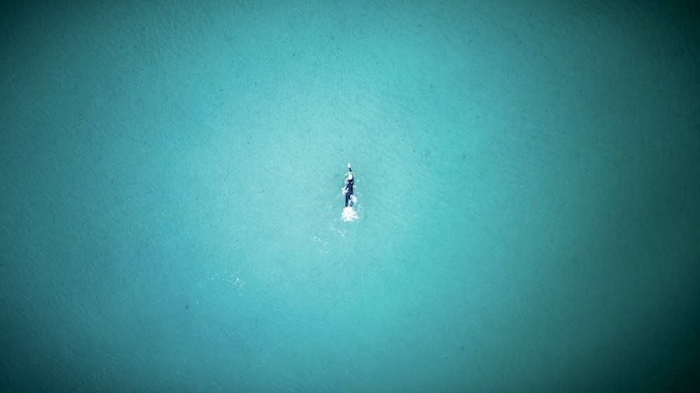 an aerial view of a boat in the water