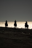A family sharing a joyful moment on horseback near a quiet lakeshore at sunset