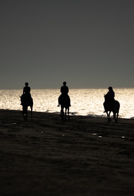 A family sharing a joyful moment on horseback near a quiet lakeshore at sunset