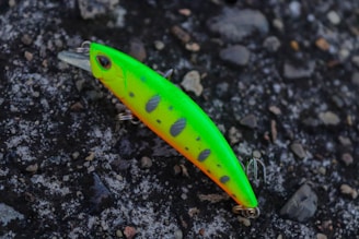 A bright and colorful fishing lure rests on a textured, rocky surface. The lure is predominantly neon green with orange highlights and black spots, equipped with metal hooks.