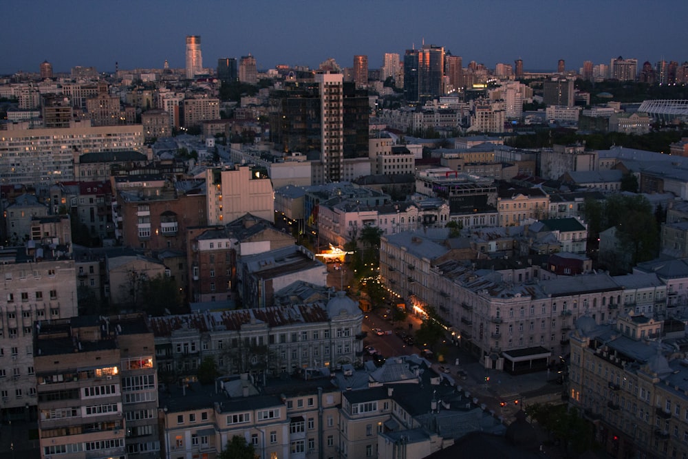 an aerial view of a city at night