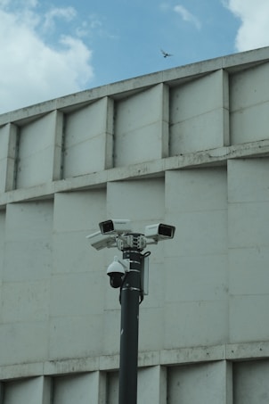 A group of security cameras mounted on a black pole stands in front of a geometric concrete building. The cameras are pointed in different directions, and a pigeon flies in the background against a partly cloudy sky.