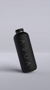 A sleek matte black bottle with minimalistic design, featuring the word 'AQUA' written vertically. The bottle is slightly tilted against a muted gray background.