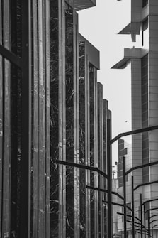 A monochrome image featuring the facades of modern buildings with vertical lines and glass panels, creating an urban and architectural atmosphere. The contrast between light and shadow emphasizes the geometric patterns and sleek design.