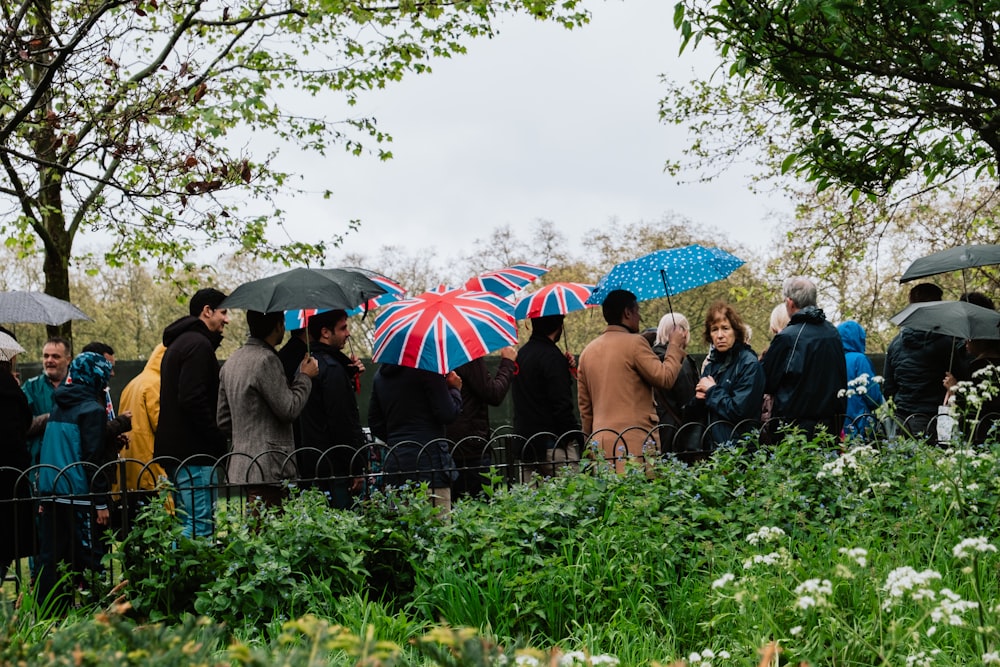 a group of people with umbrellas standing in a field