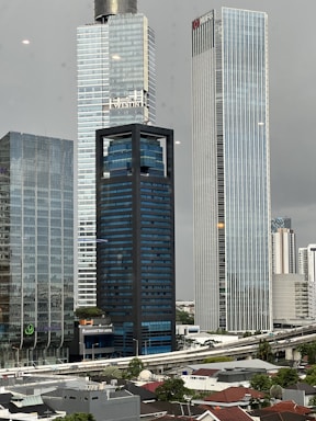 Several high-rise buildings are in an urban area with overcast skies. Prominent skyscrapers feature glass facades and modern architecture, including a building with a visible 'Westin' logo. The foreground shows a rooftop landscape with residential structures and greenery.
