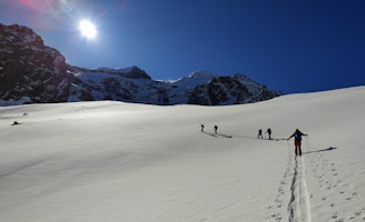 A group of hikers enjoying a mountain trail with bright sunrise in the background.