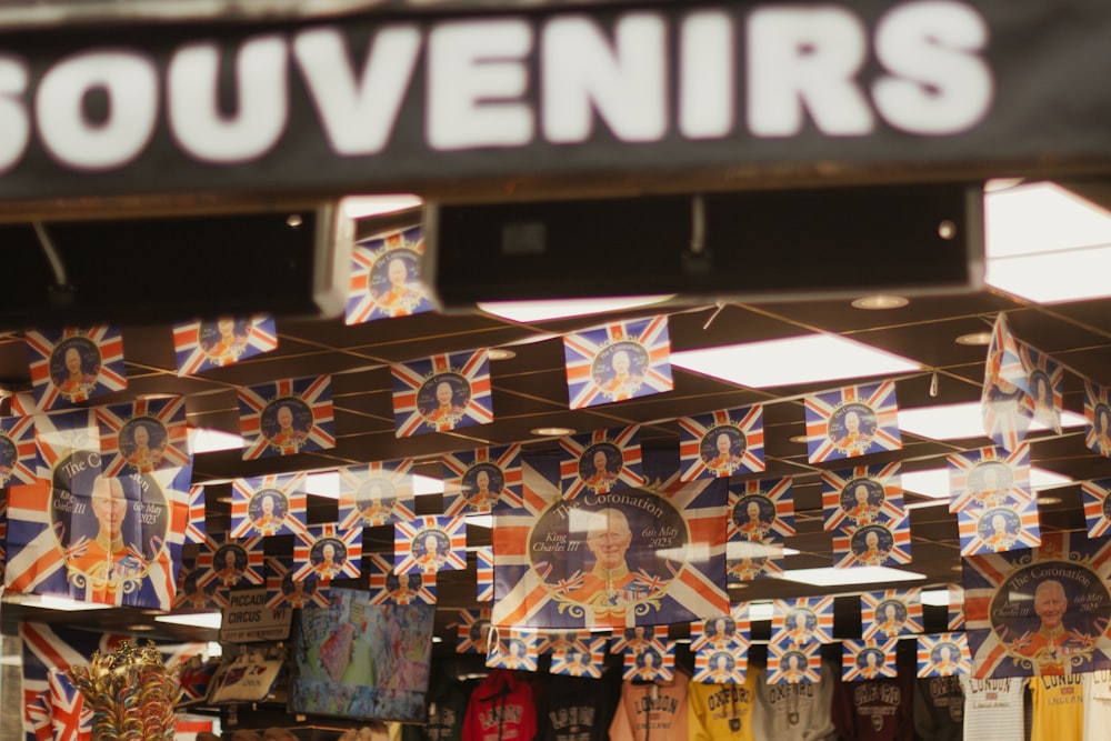 a store with a lot of flags hanging from the ceiling
