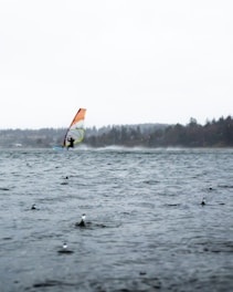 A windsurfer navigates through choppy waters under a cloudy sky. In the foreground, rain droplets create ripples on the surface of the water. The background features a silhouette of distant trees lining the shore.
