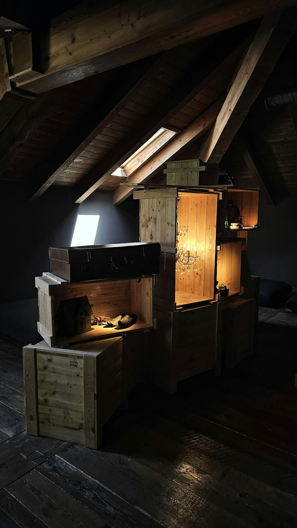 a room with wooden floors and a stove in it