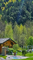A cozy log cabin nestled in a lush forest setting with a backdrop of dense, green trees. In front of the cabin, there's a circular hot tub surrounded by well-maintained grass and a few loungers, suggesting a serene getaway spot.