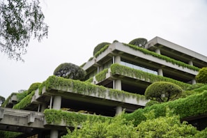 A multi-story building draped in lush green vines and shrubbery offers a harmonious blend of architecture and nature. The structure features concrete terraces and large windows, with trees and plants adorning the levels, creating a vertical garden effect.
