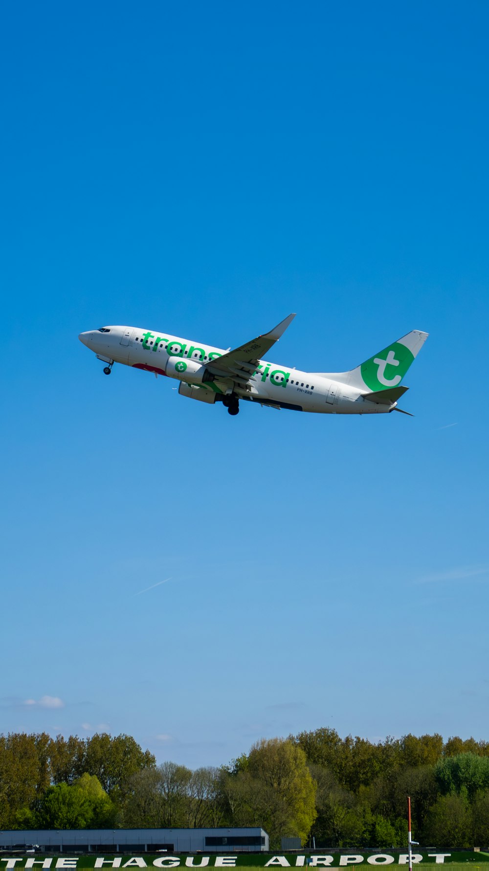 a large jetliner flying through a blue sky