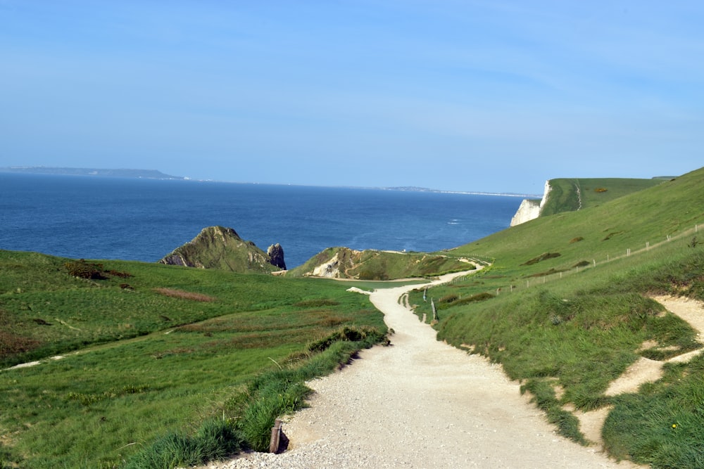 a dirt road going through a lush green field next to the ocean