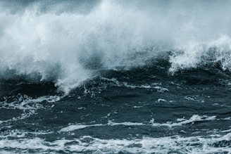 Powerful ocean waves crash with high-energy spray and foam, capturing the dynamic and turbulent nature of the sea.