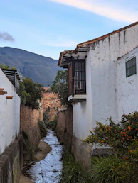 a small stream running between two white buildings