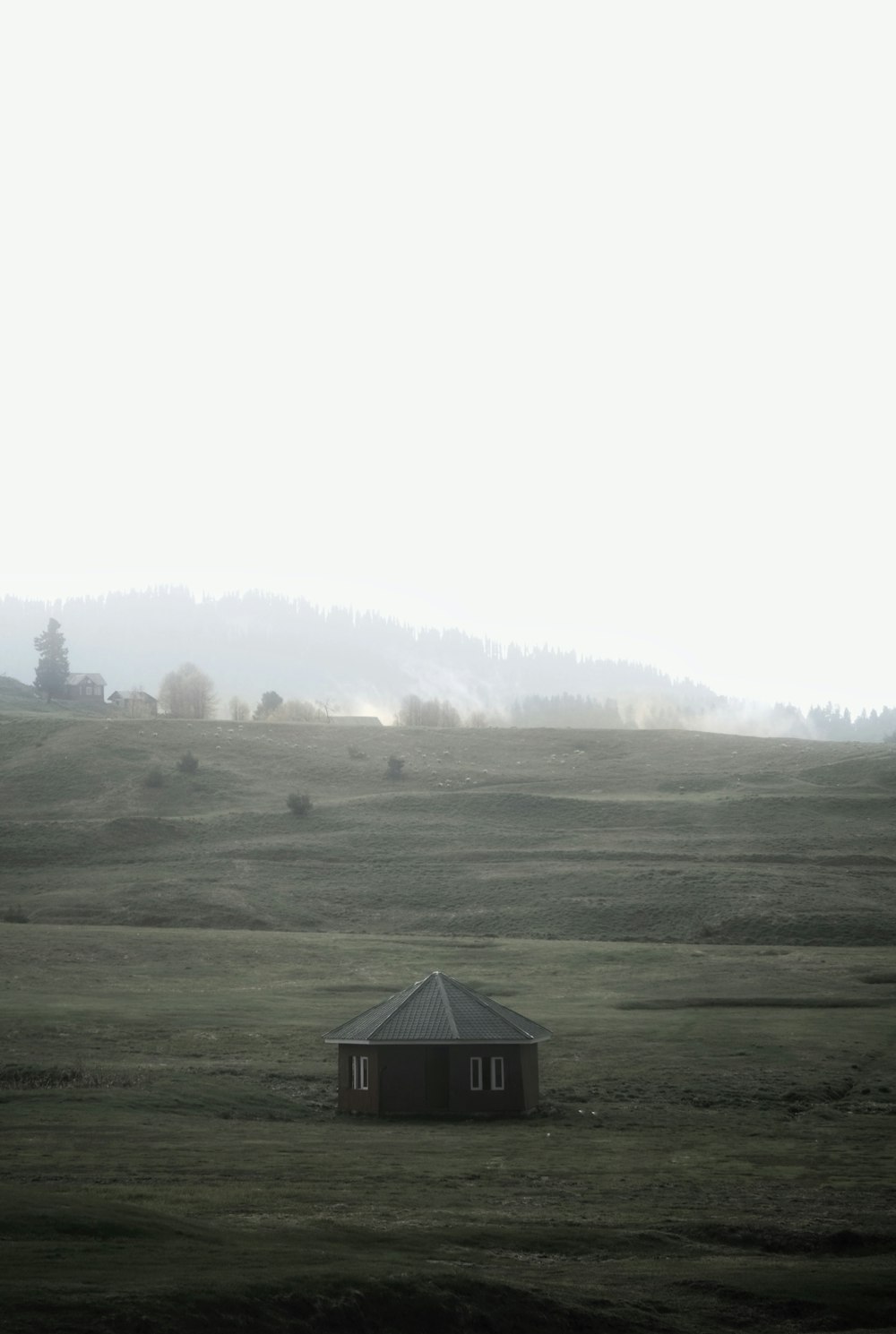 a small house in a field with a mountain in the background
