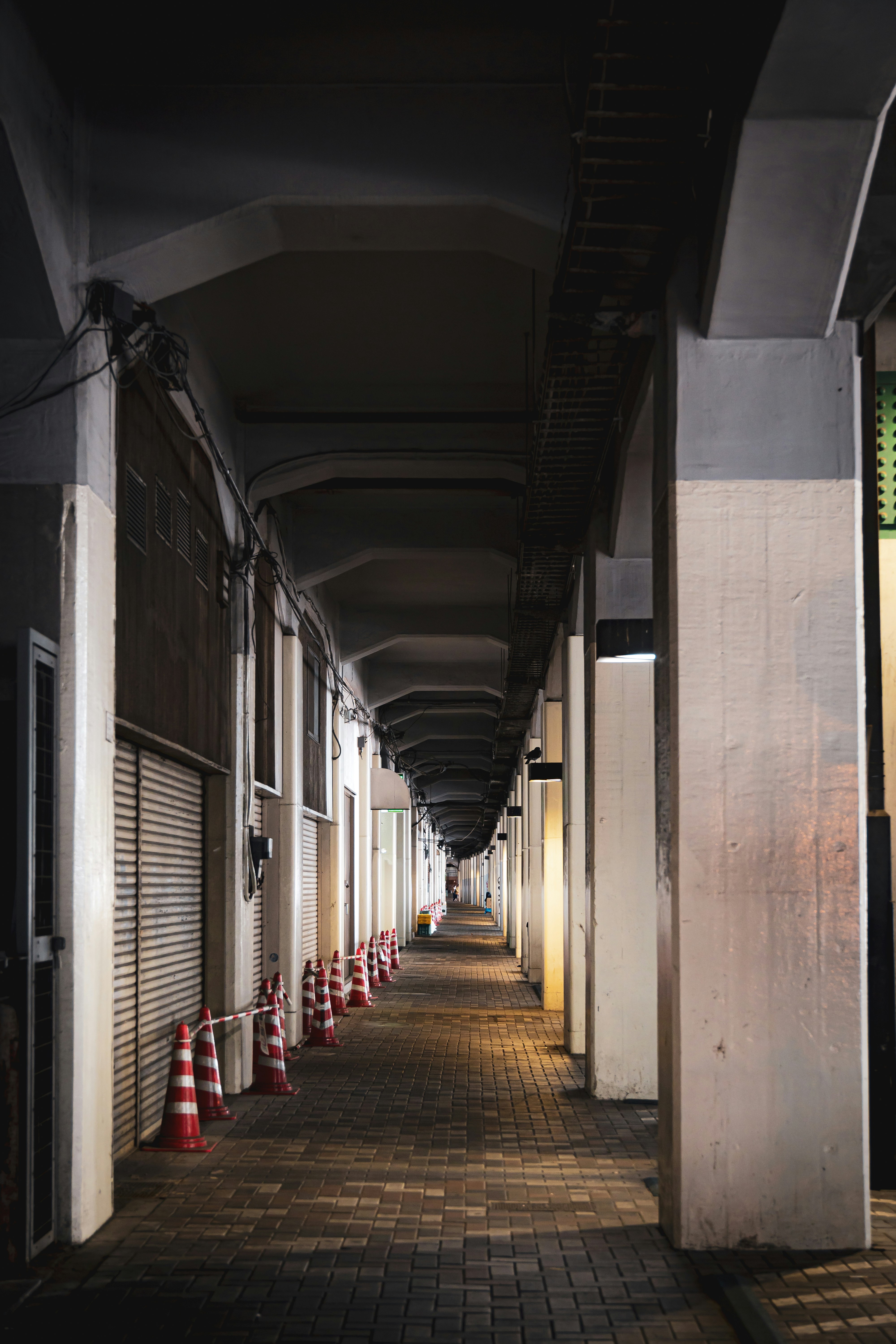 a row of closed doors on the side of a building