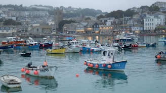 A serene view of Stöðvarfjörður's harbor at dawn with fishing boats gently resting on calm waters.